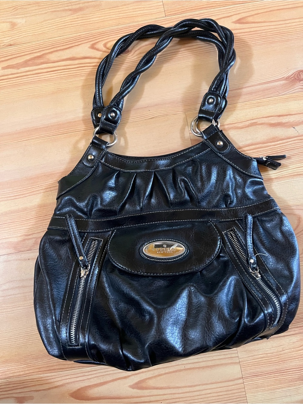 Rosetti Black Faux Leather Shoulder Bag with Braided Straps